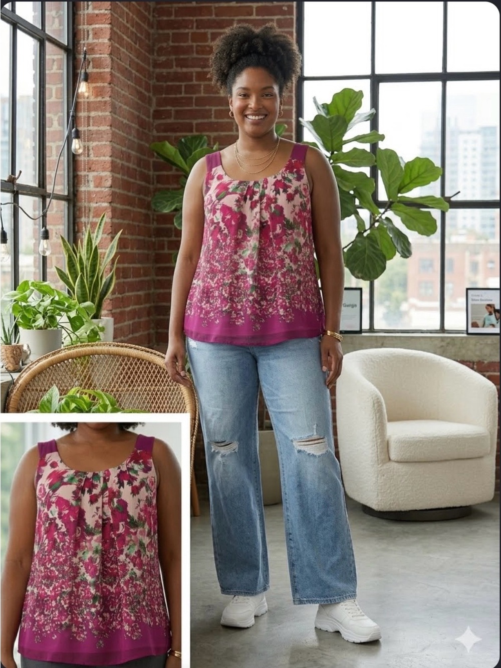 Allen B. Schwartz Magenta Floral Sheer Layered Tank Top xl